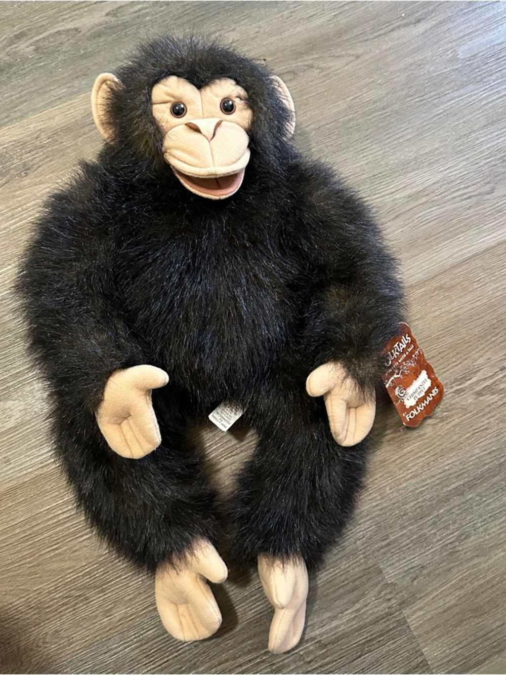Plush Monkey Hand Puppet - Black Fur, Beige Face & Hands